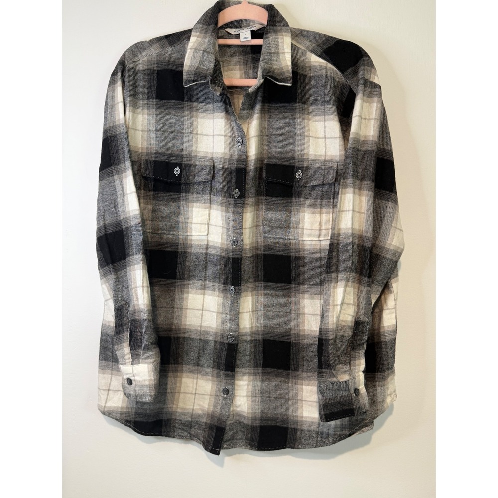 Old Navy The Boyfriend Shirt Womens Large Black White Plaid Cotton Flannel Top